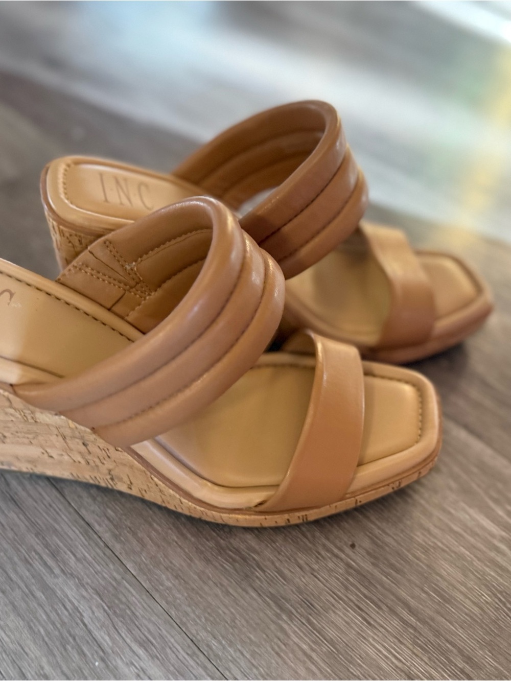 INC International Concepts Tan Leather Cork Wedge Sandals